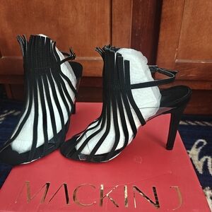 Mackin J Black Fringe Strappy Stiletto Heels Ankle Strap Open Toe